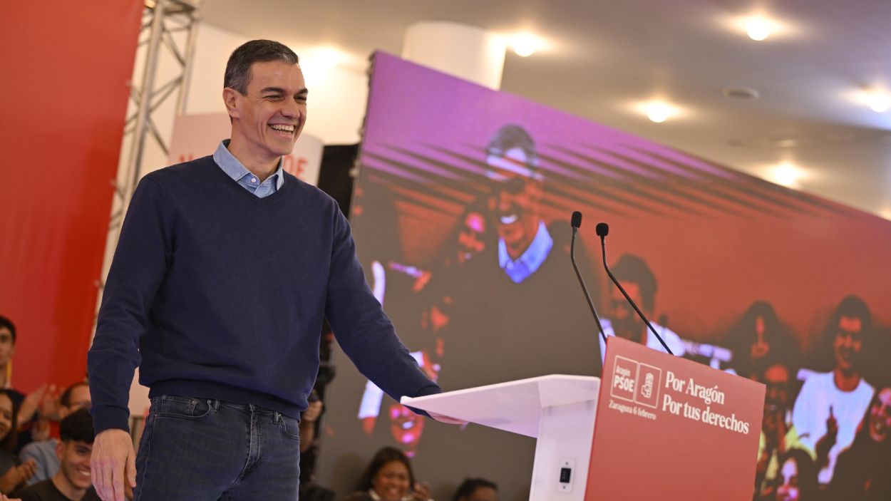 El secretario general del PSOE y presidente del Gobierno, Pedro Sánchez, en el cierre de campaña de las elecciones en Aragón. EP.