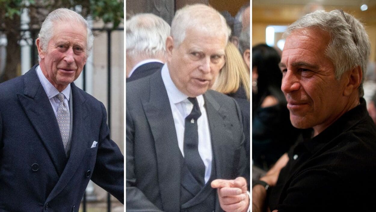 De izquierda a derecha, el rey Carlos III, el expríncipe Andrés y el pederasta Jeffrey Epstein. Elaboración propia.