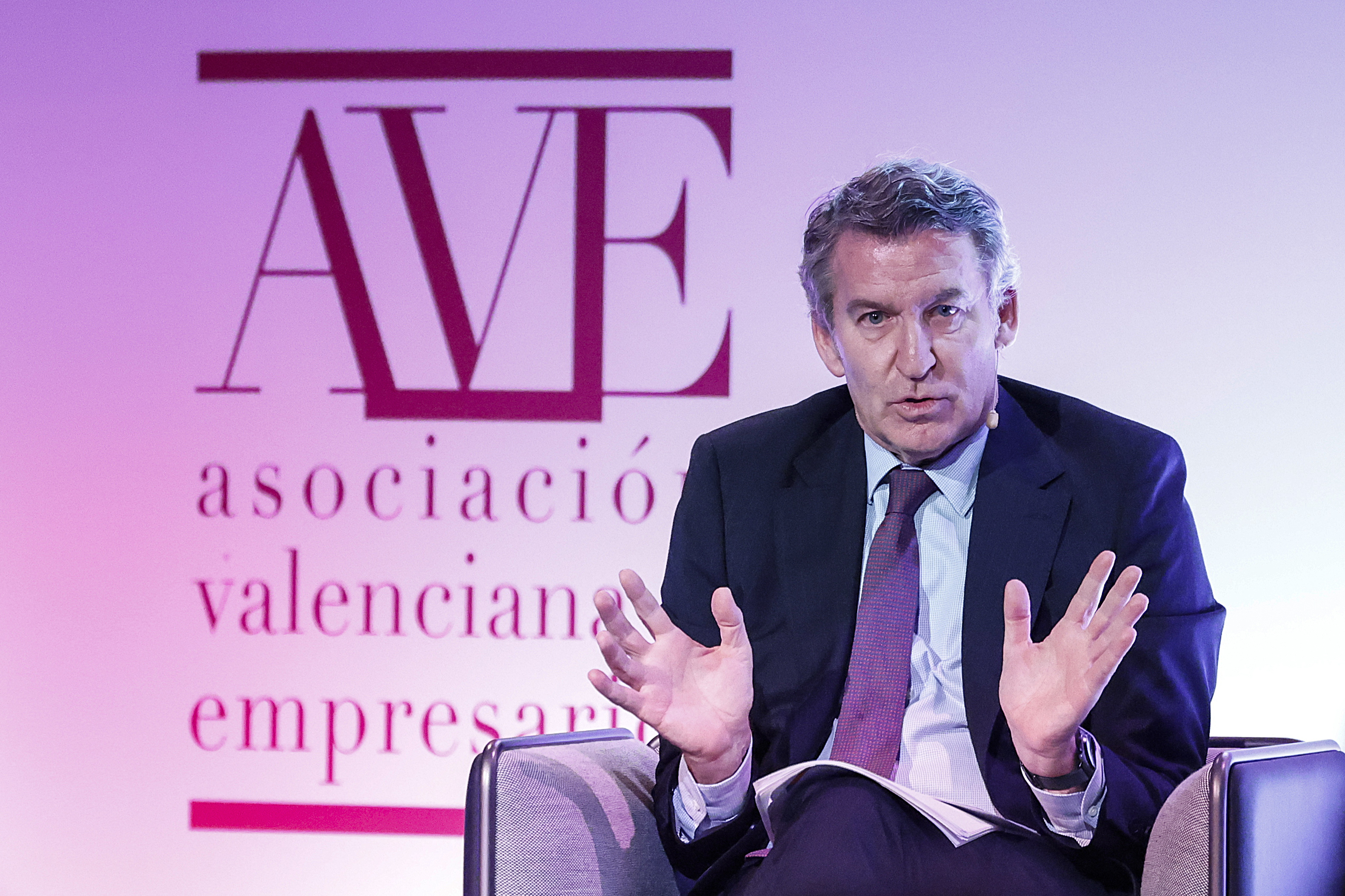 El presidente del PP, Alberto Núñez Feijóo, durante la Asamblea de empresarios valencianos. EP.