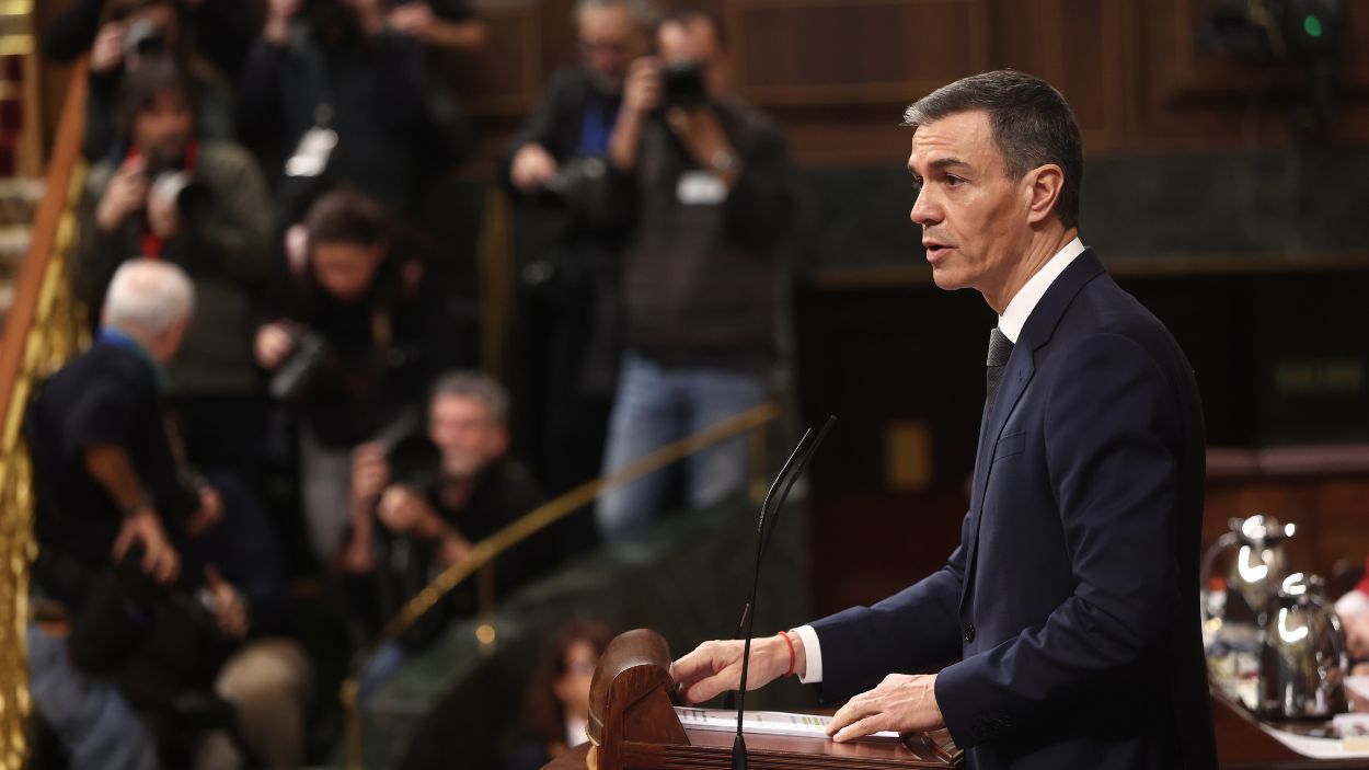 El presidente del Gobierno, Pedro Sánchez, durante su comparecencia para dar cuenta sobre el accidente de Adamuz. EP.