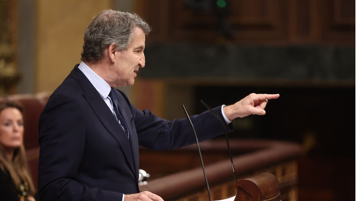 El líder de la oposición, Alberto Núñez Feijóo, en su turno en el Congreso. EP
