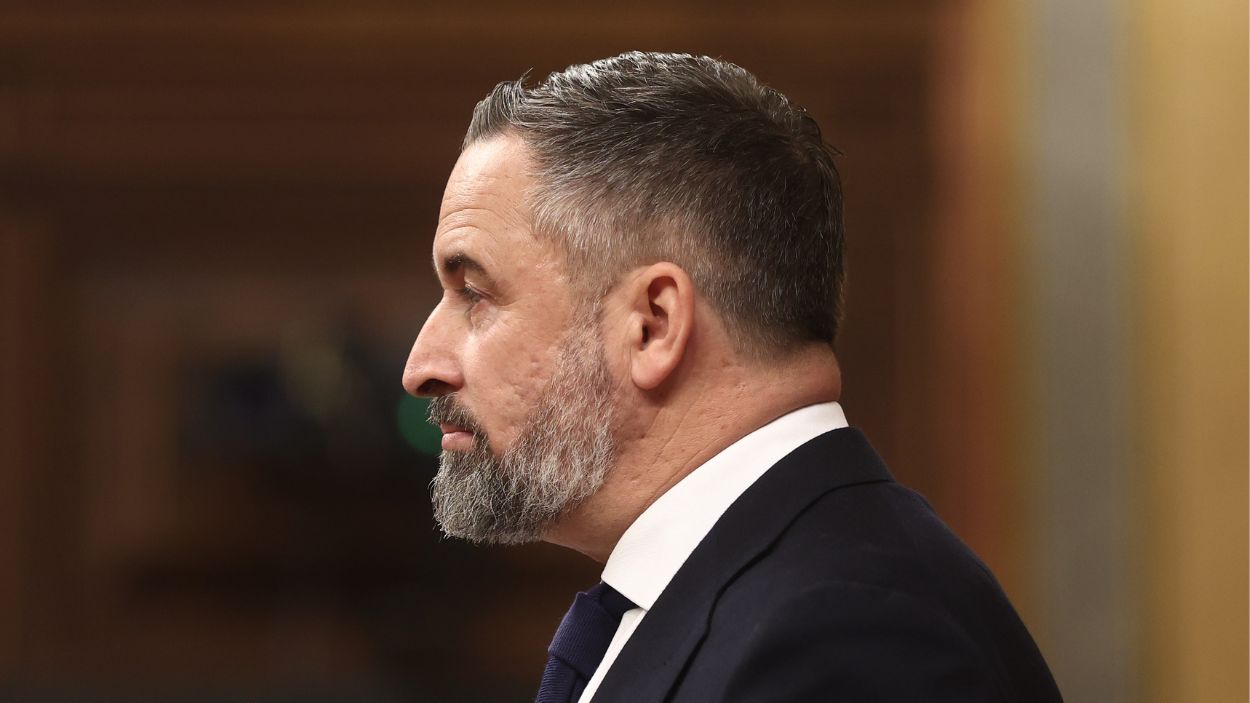 El líder de Vox, Santiago Abascal, durante el pleno del Congreso sobre el sistema ferroviario. EP.