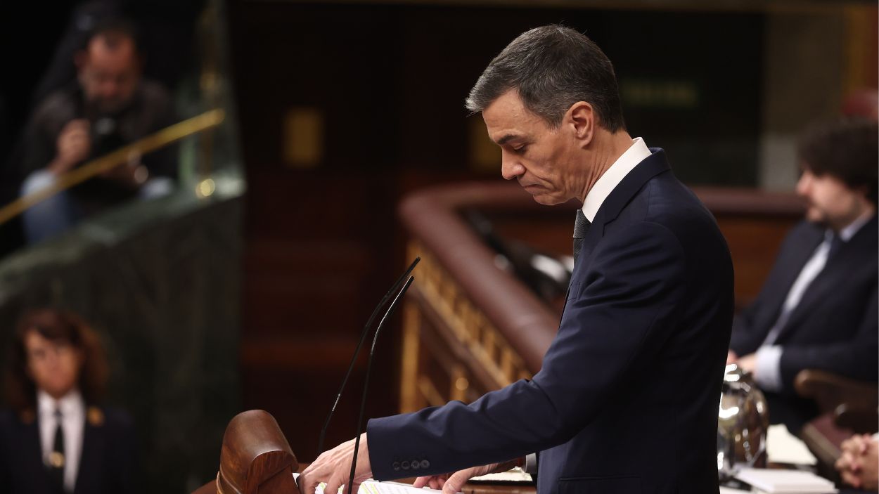 El presidente del Gobierno, Pedro Sánchez, en su comparecencia en el Congreso de los Diputados. EP
