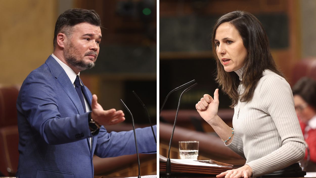 Fotomontaje de Gabriel Rufián, de ERC, e Ione Belarra, de Podemos, en el Congreso de los Diputados. Elaboración propia.