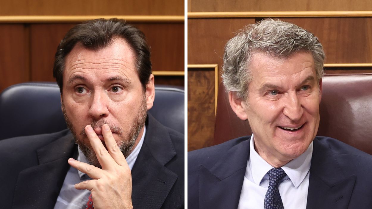 El ministro de Transportes, Óscar Puente, y el presidente del PP, Alberto Núñez Feijóo, en el Congreso de los Diputados. Fotomontaje propio.
