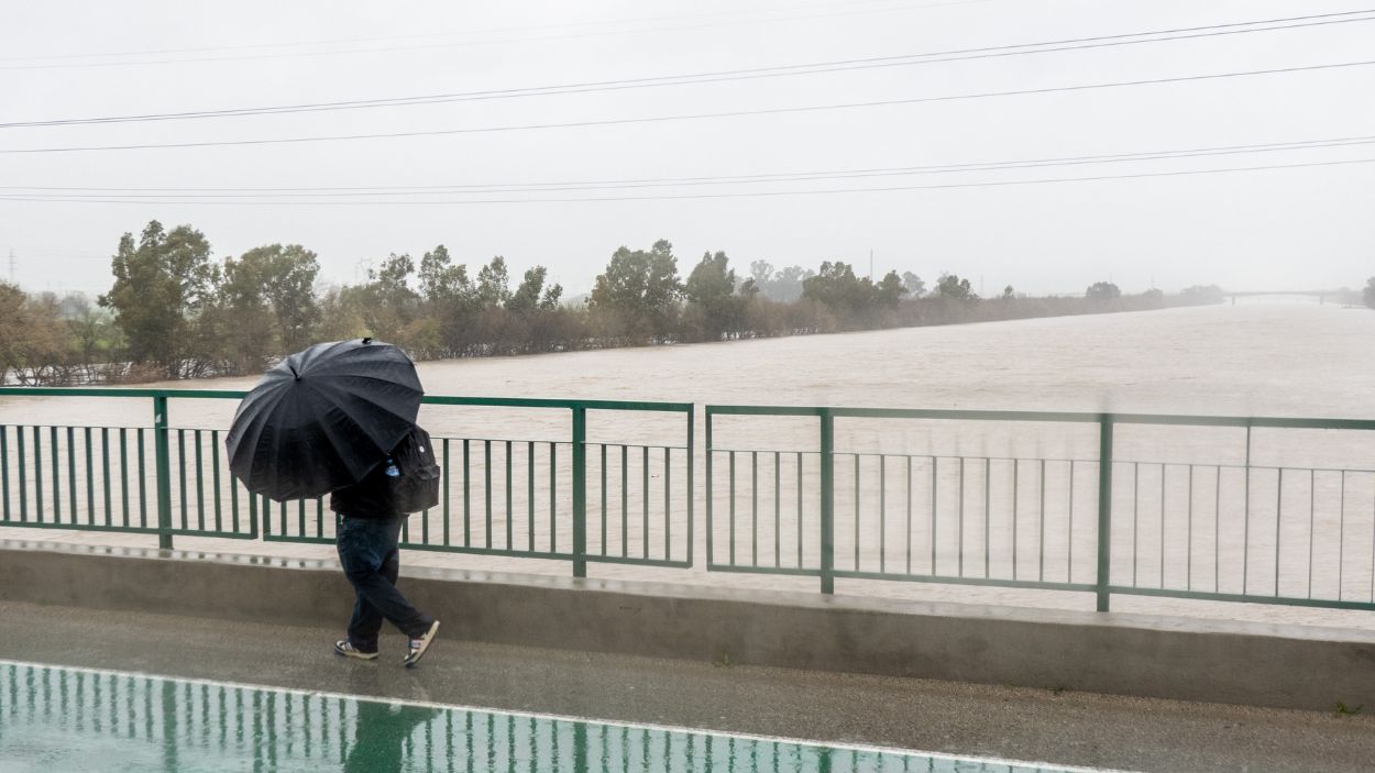 Una persona cruza por el Puente de la Señorita cortado al tráfico por el desbordamiento parcial del río Guadalquivir en Sevilla. EP.