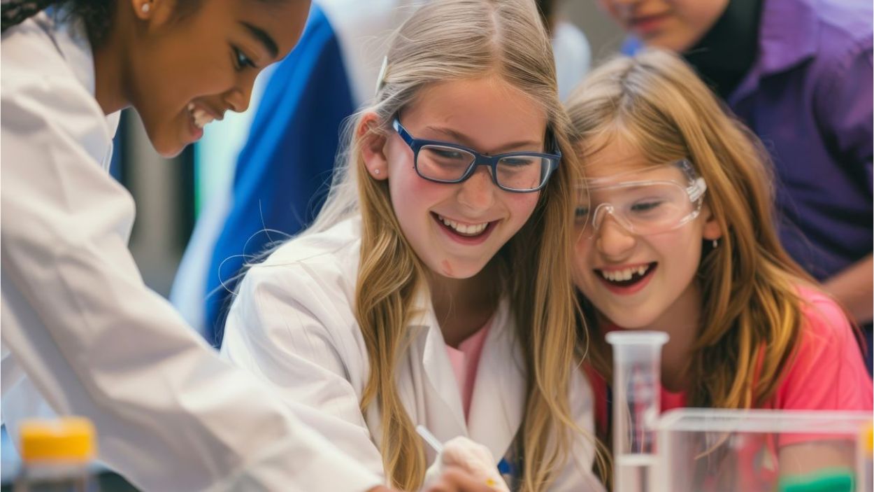Tres niñas colaboran en un experimento químico en laboratorio (1)