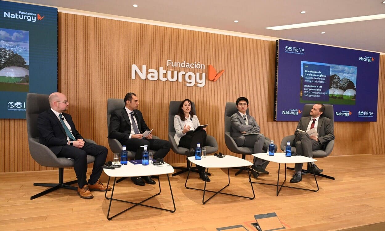 James Walker, Mohamed Alaa, Yu Yuan, Karina Navarro y Pablo Bronte, durante el coloquio sobre el papel estratégico del biometano en la transición energética. FUNDACIÓN NATURGY