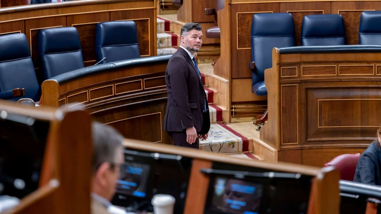 El portavoz de ERC en el Congreso, Gabriel Rufián, durante una sesión plenaria en el Congreso de los Diputados. EP.