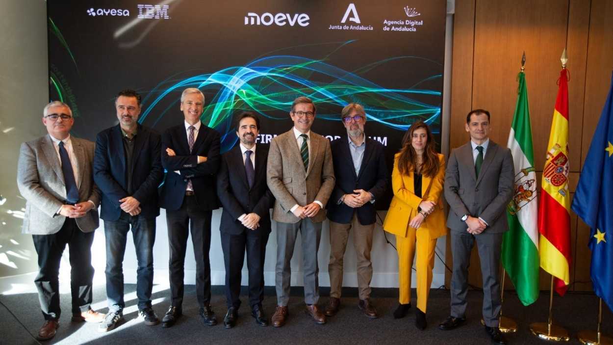 Pie de foto, desde la izquierda: Manuel Pereira, director General de Estrategia Digital de la ADA. Raúl Jiménez, director Gerente de la ADA. Germán del Real, director General de AYESA. José Manuel Martínez, vicepresidente Ejecutivo de Tecnología, Proyectos y Servicios de Moeve. Jorge Paradela, consejero de Industria, Energía y Minas de la Junta de Andalucía. Mikel Díez, director de Computación Cuántica de IBM España. Marisa Ramos, directora territorial Sur de IBM España. David Liras, Chief Digital Information Officer de Moeve.