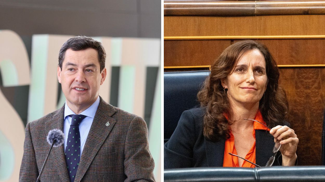El presidente de la Junta de Andalucía, Juan Manuel Moreno Bonilla, y la ministra de Sanidad, Mónica García. Elaboración propia.