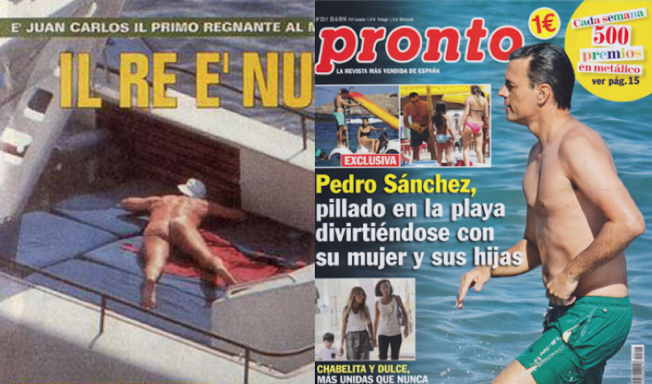 El desnudo del rey Juan Carlos y Pedro Sánchez en bañador, en la prensa del corazón. 