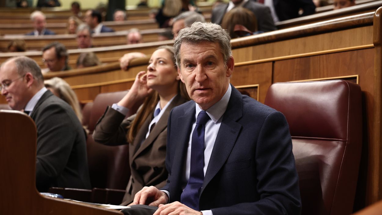 El presidente del Partido Popular, Alberto Núñez Feijóo, en el Congreso de los Diputados durante una sesión de control al Gobierno. EP.