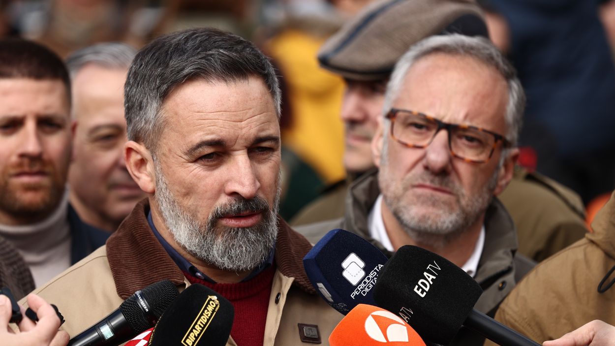 El líder de Vox, Santiago Abascal, en Peñafiel (Valladolid) durante la precampaña electoral en Castilla y León. EP.