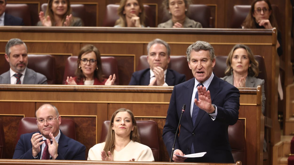El presidente del Partido Popular, Alberto Núñez Feijóo, junto a los diputados de su grupo en el Congreso. EP.