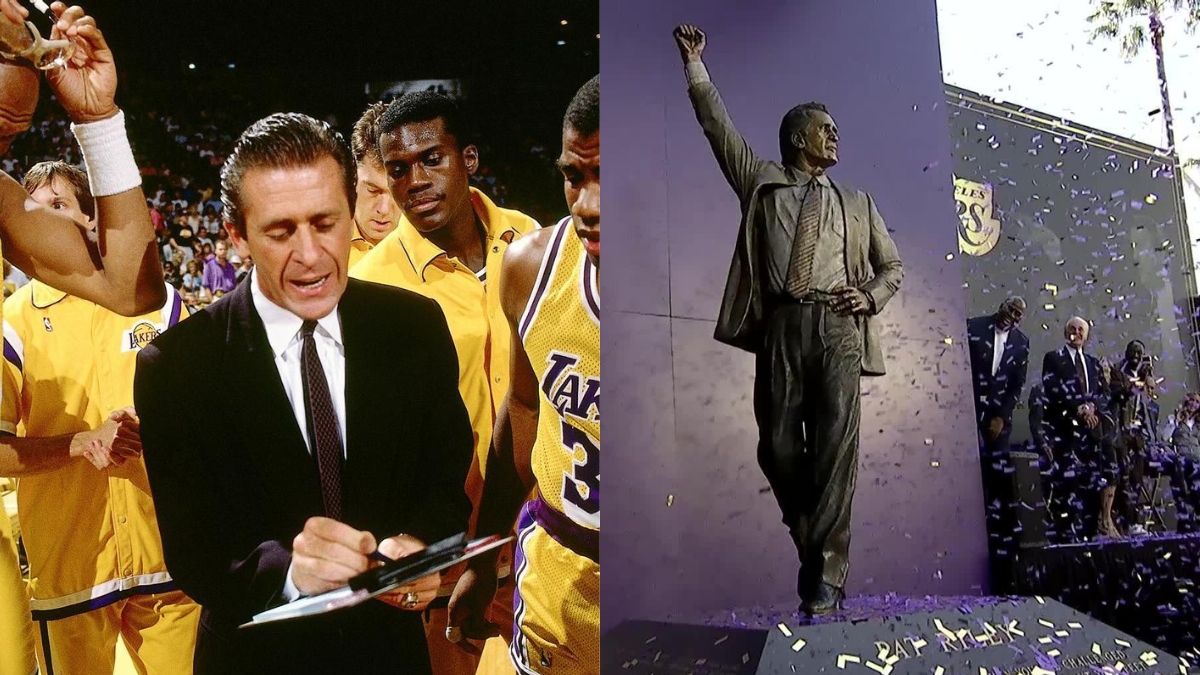 Pat Riley mientra entrenaba a los Lakers junto a su estatua| NBA