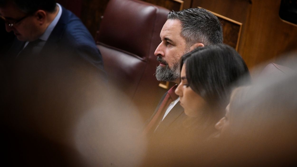 El presidente de Vox, Santiago Abascal, durante una sesión de control al Gobierno en el Congreso de los Diputados. EP/Archivo.