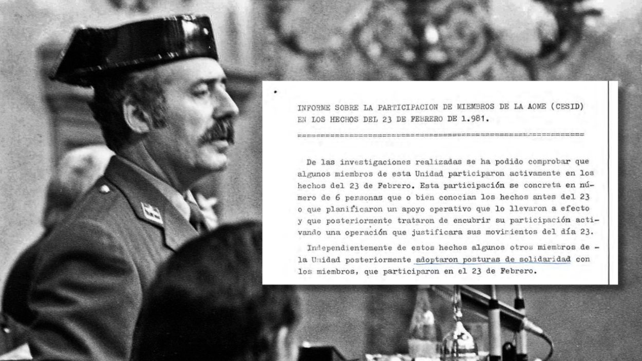 Fotomontaje del teniente coronel Antonio Tejero en el Congreso y uno de los documentos del 23-F. Elaboración propia.