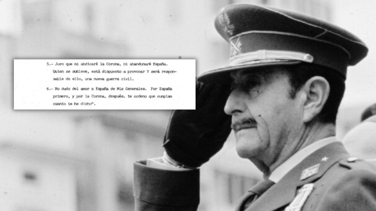 Fotomontaje del General Jaime Milans del Bosch y uno de los mensajes de Juan Carlos I. Elaboración propia.