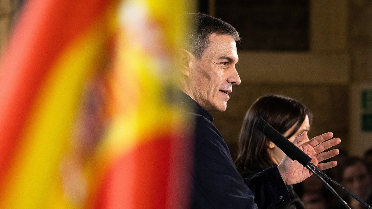 El presidente del Gobierno, Pedro Sánchez, interviene durante un acto de inicio de campaña electoral en Burgos, Castilla y León. EP.