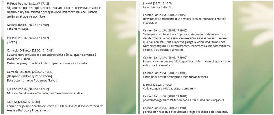 Fotomontaje de las capturas del Telegram de Podemos Galicia