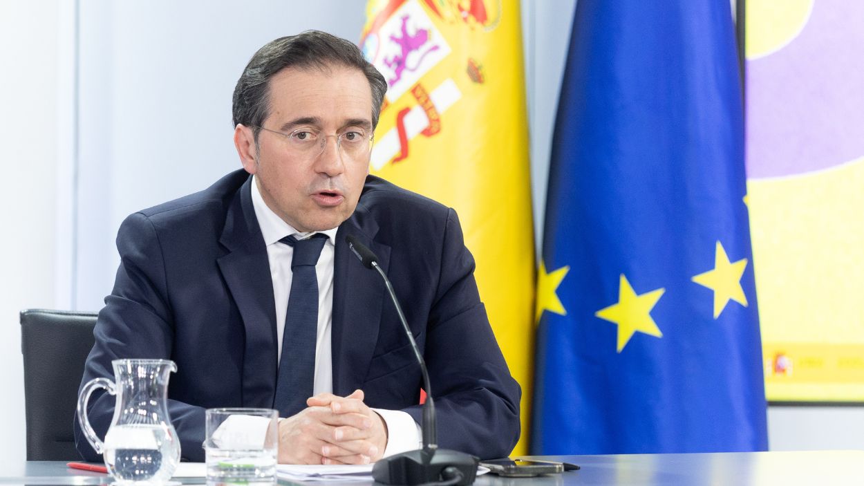 El ministro de Asuntos Exteriores, José Manuel Albares, en una rueda de prensa posterior al Consejo de Ministros desde el Palacio de La Moncloa. EP.