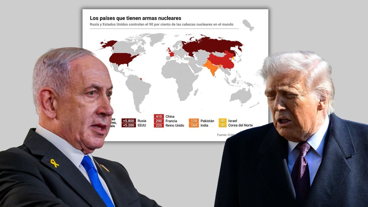 Fotomontaje de Benjamin Netanyahu y Donald Trump con el mapa de los países con mayor número de armas nucleares. Elaboración propia.