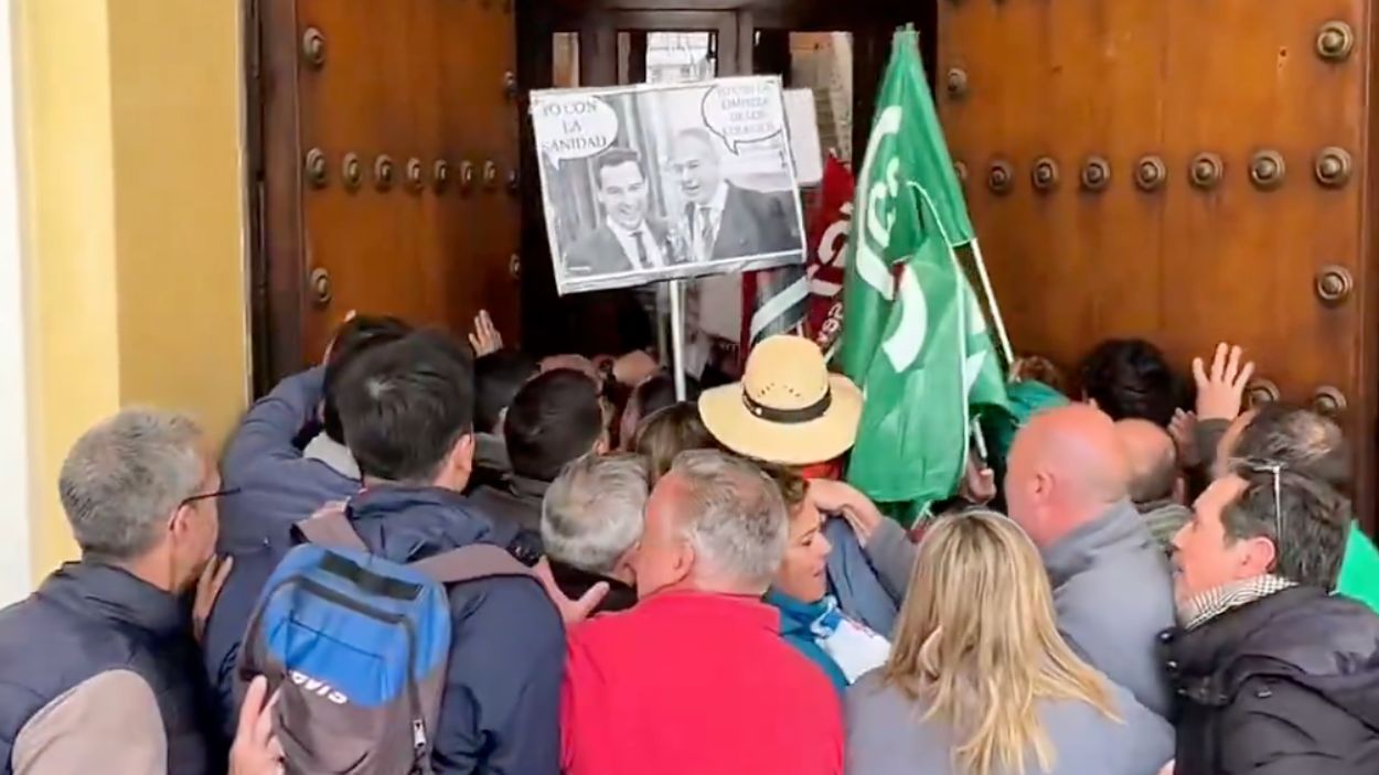 Manifestantes que se concentraban frente al Ayuntamiento intentando acceder al Ayuntamiento de Sevilla entre empujones / X