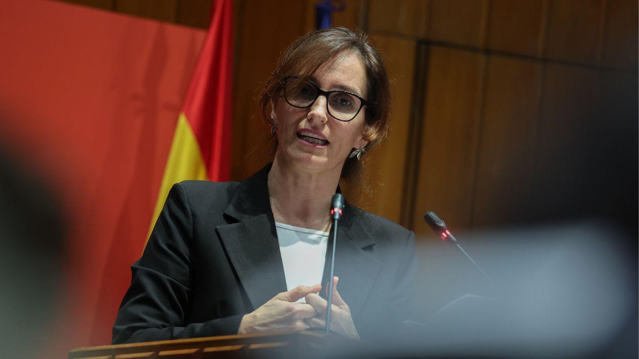 La ministra de Sanidad, Mónica García, interviene durante un acto organizado por el Ministerio. EP.