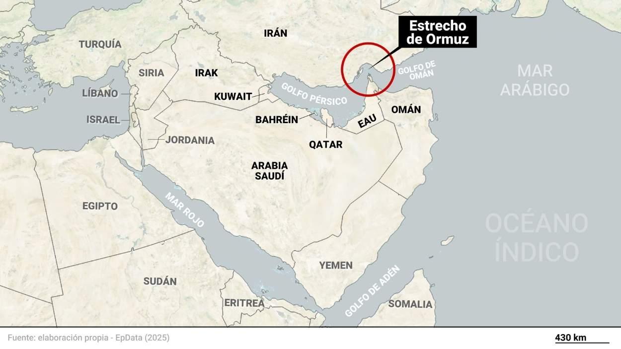 Mapa de localización del estrecho de Ormuz y los países que lo rodean en el golfo Pérsico. EP Data.
