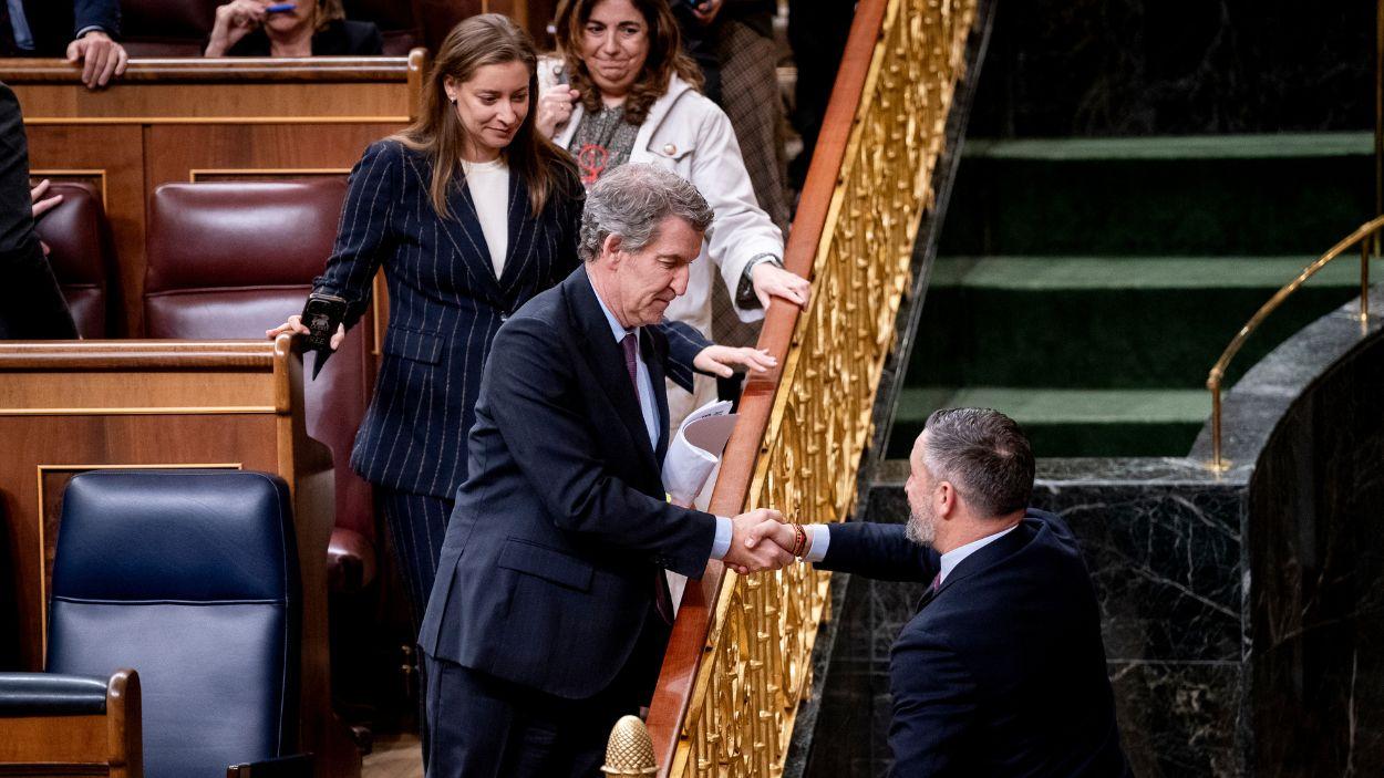 El presidente del Partido Popular, Alberto Núñez Feijóo, saluda al presidente de VOX, Santiago Abascal, a su salida de un pleno en el Congreso de los Diputados. EP.
