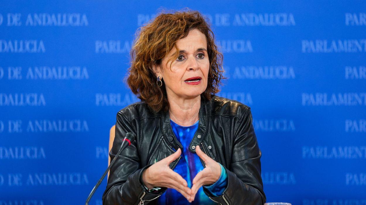 La portavoz adjunta del Grupo Por Andalucía, Esperanza Gómez, durante la ronda de ruedas de prensa de portavoces de los grupos parlamentarios en el Parlamento de Andalucía / EP
