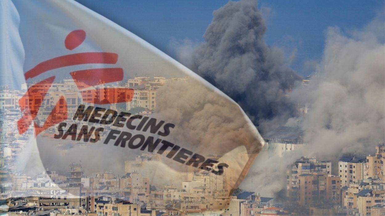 Fotomontaje de la bandera de Médicos Sin Fronteras (MSF) con una imagen de los bombardeos en Beirut (Líbano). Elaboración propia.