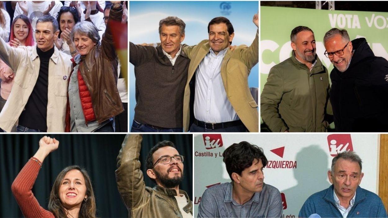 1. Pedro Sánchez y Carlos Martínez. 2. Alberto Núñez Feijóo y Alfonso Fernández Mañueco. 3. Santiago Abascal y Carlos Pollán. 4. Ione Bellarra y Miguel Ángel Llamas 5. Juan Gascón y Enrique Santia