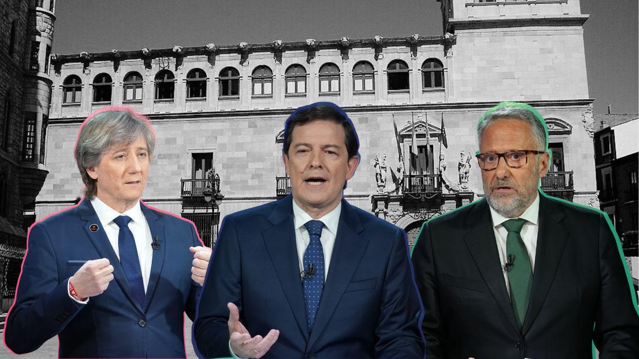 De izquierda a derecha, los candidatos del PSOE, PP y Vox a la presidencia de la Junta de Castilla y León, Carlos Martínez, Alfonso Fernández Mañueco y Carlos Pollán. Elaboración propia