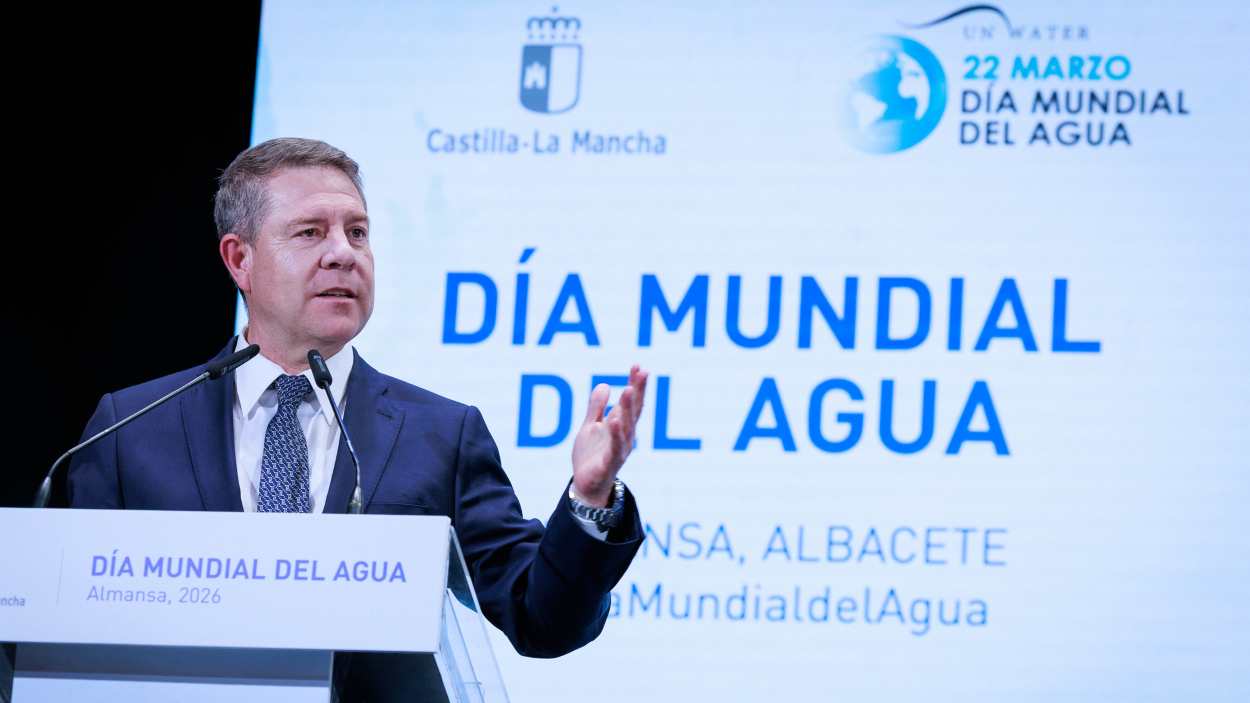 El presidente de Castilla-La Mancha, Emiliano García-Page, durante el acto institucional por el Día Mundial del Agua. JCCM.
