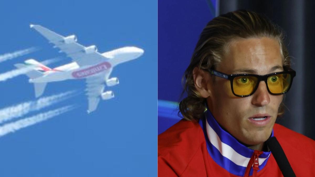 Marcos Llorente durante una rueda de prensa y una estela de un avión| EP