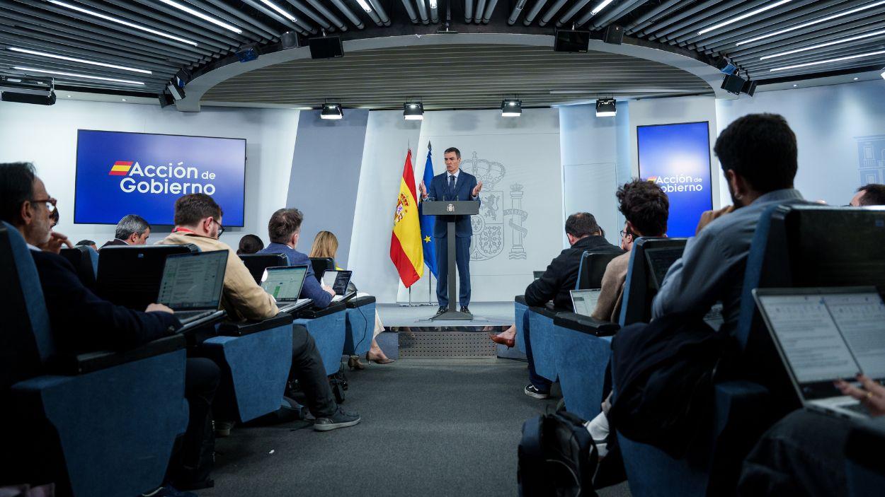 El presidente del Gobierno, Pedro Sánchez, comparece en Moncloa para anunciar las medidas por la guerra en Irán. EP