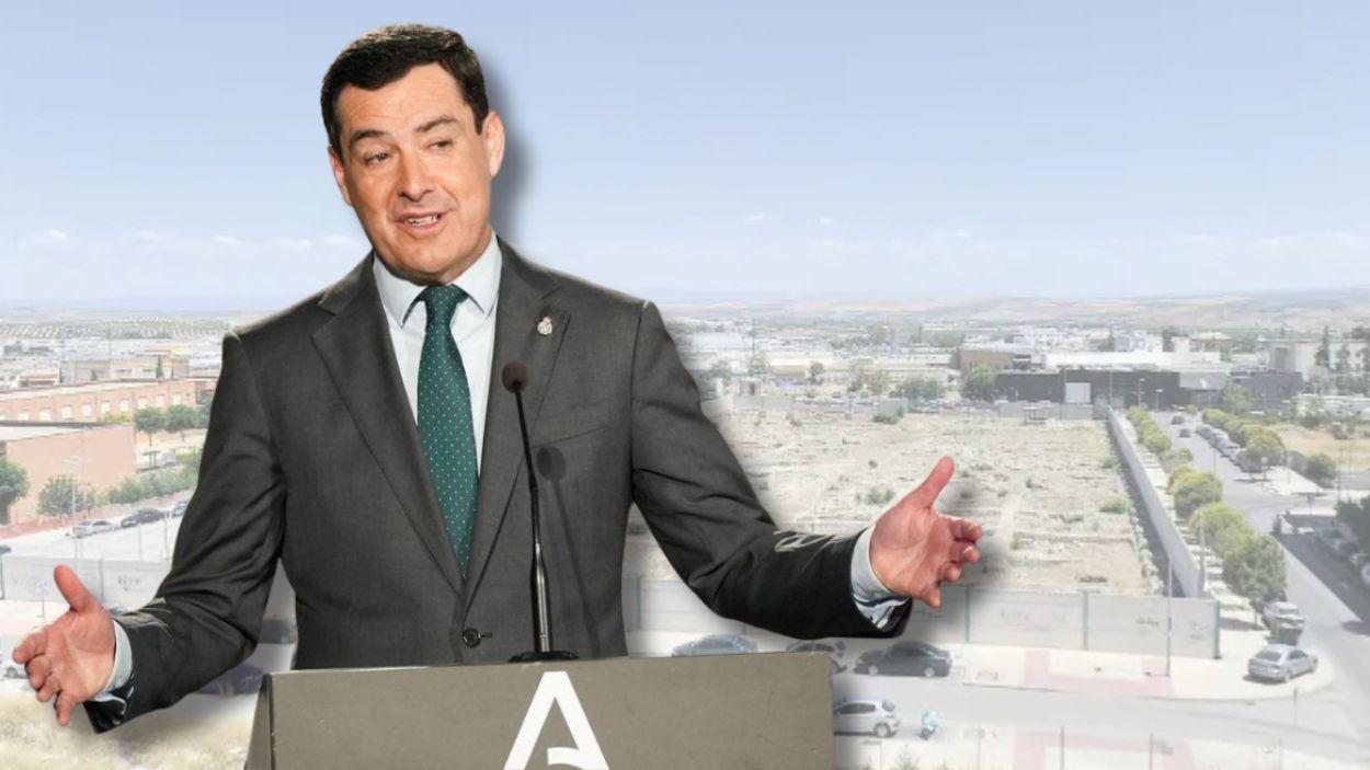 Moreno Bonilla y el terreno en el que se plantea construir la Ciudad de la Justicia de Jaén