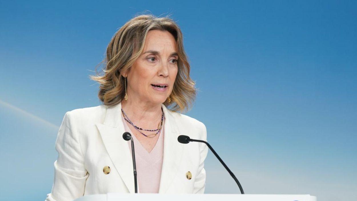 La vicesecretaria de Regeneración Institucional del Partido Popular, Cuca Gamarra, en rueda de prensa desde Génova. Foto: PP/Diego Crespo.