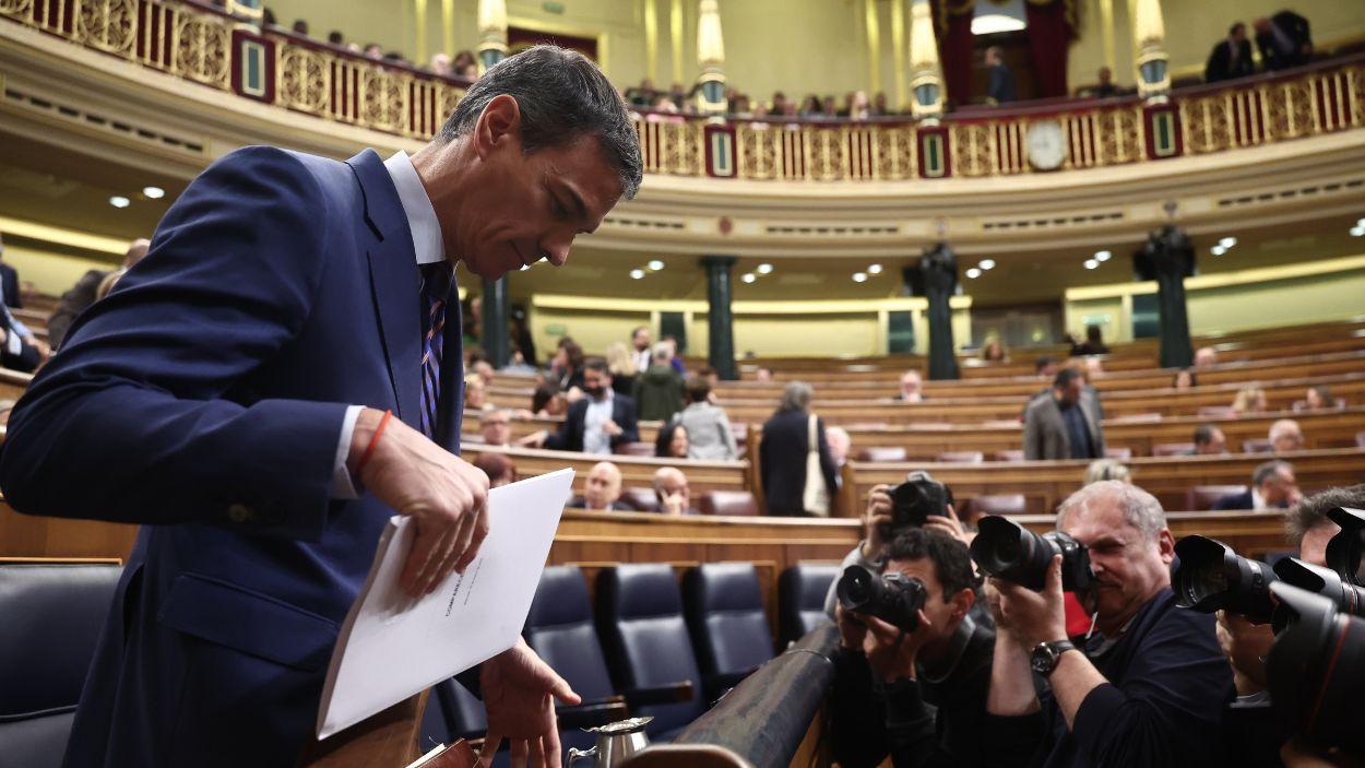 El presidente del Gobierno, Pedro Sánchez, en su comparecencia en el Congreso de los Diputados. EP