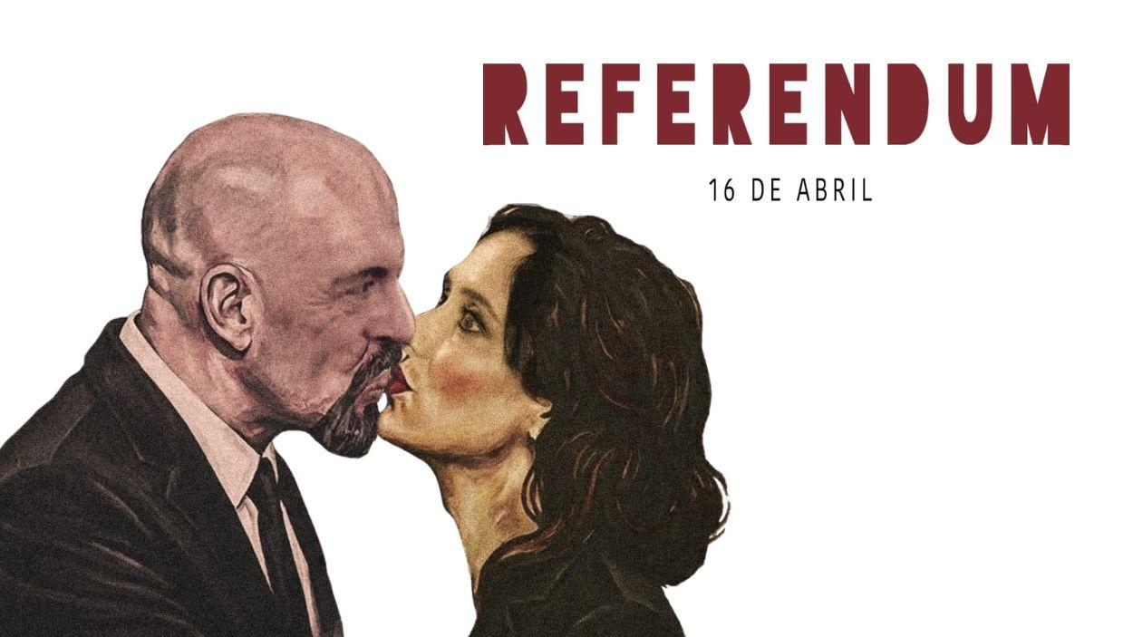 Montaje del rector de la UCM, Joaquín Goyache, y la presidenta de la Comunidad de Madrid, Isabel Díaz Ayuso. Realizado por los convocantes del referéndum.