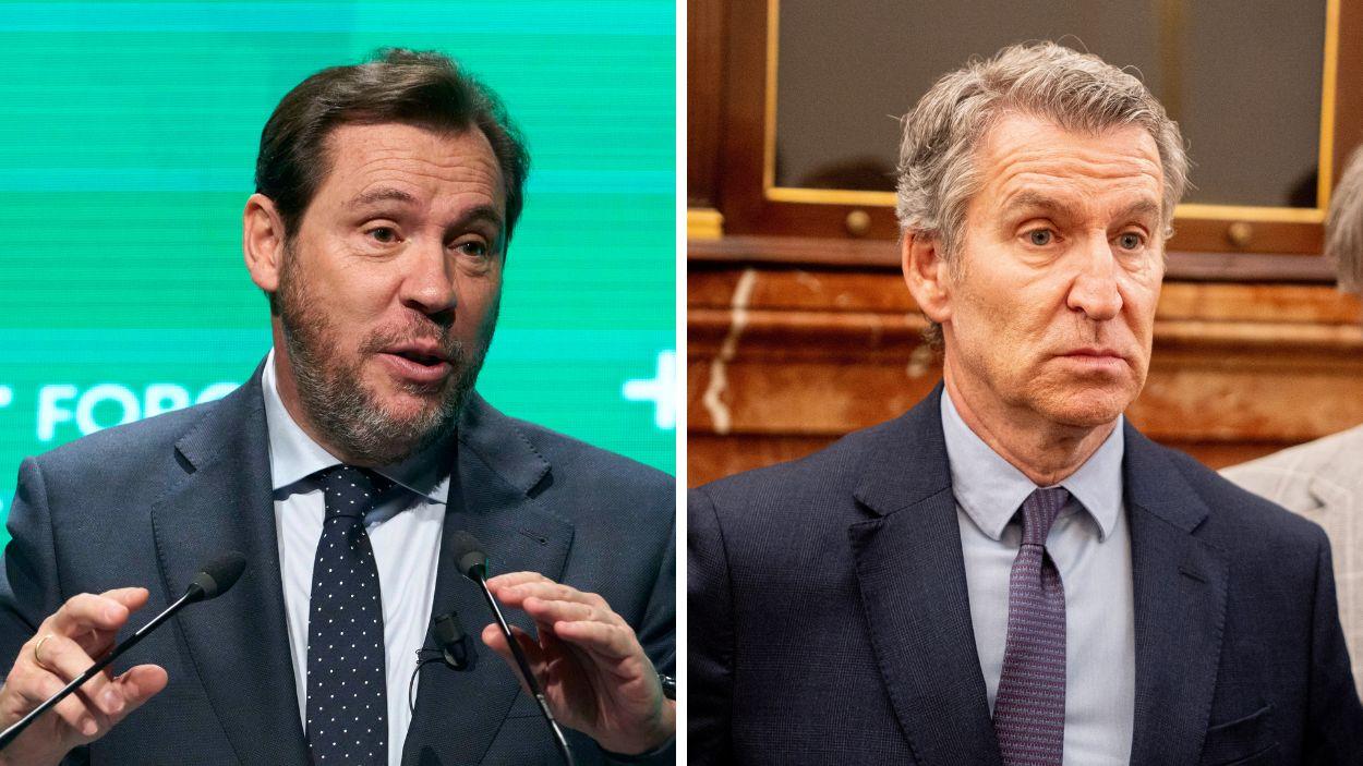 El ministro de Transportes, Óscar Puente y el presidente del Partido Popular, Alberto Núñez Feijóo. EP.