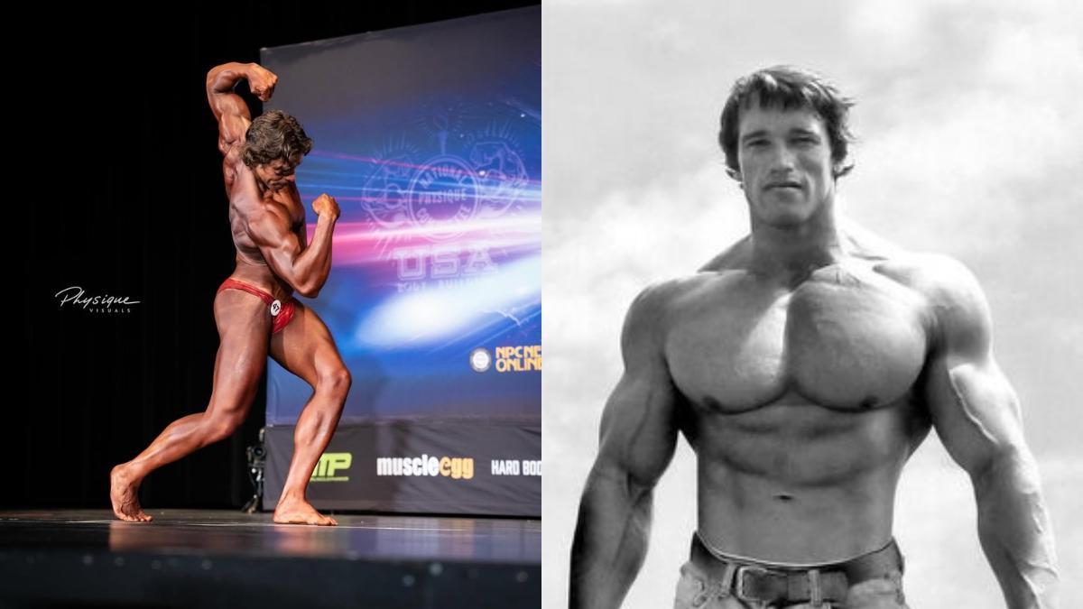 Joseph baeza durante su última competición junto a su padre, Arnold Schwarzenegger| @joebaena