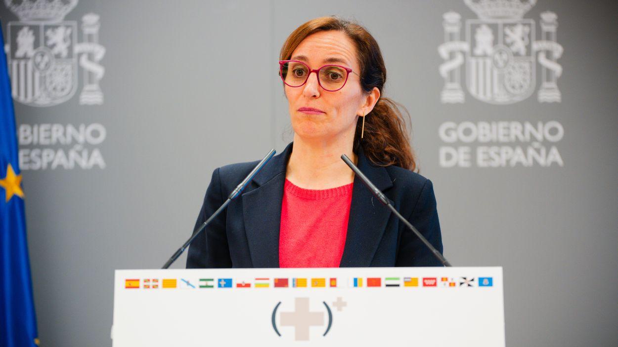La ministra de Sanidad, Mónica García, en rueda de prensa tras un Consejo Interterritorial de Salud. EP.