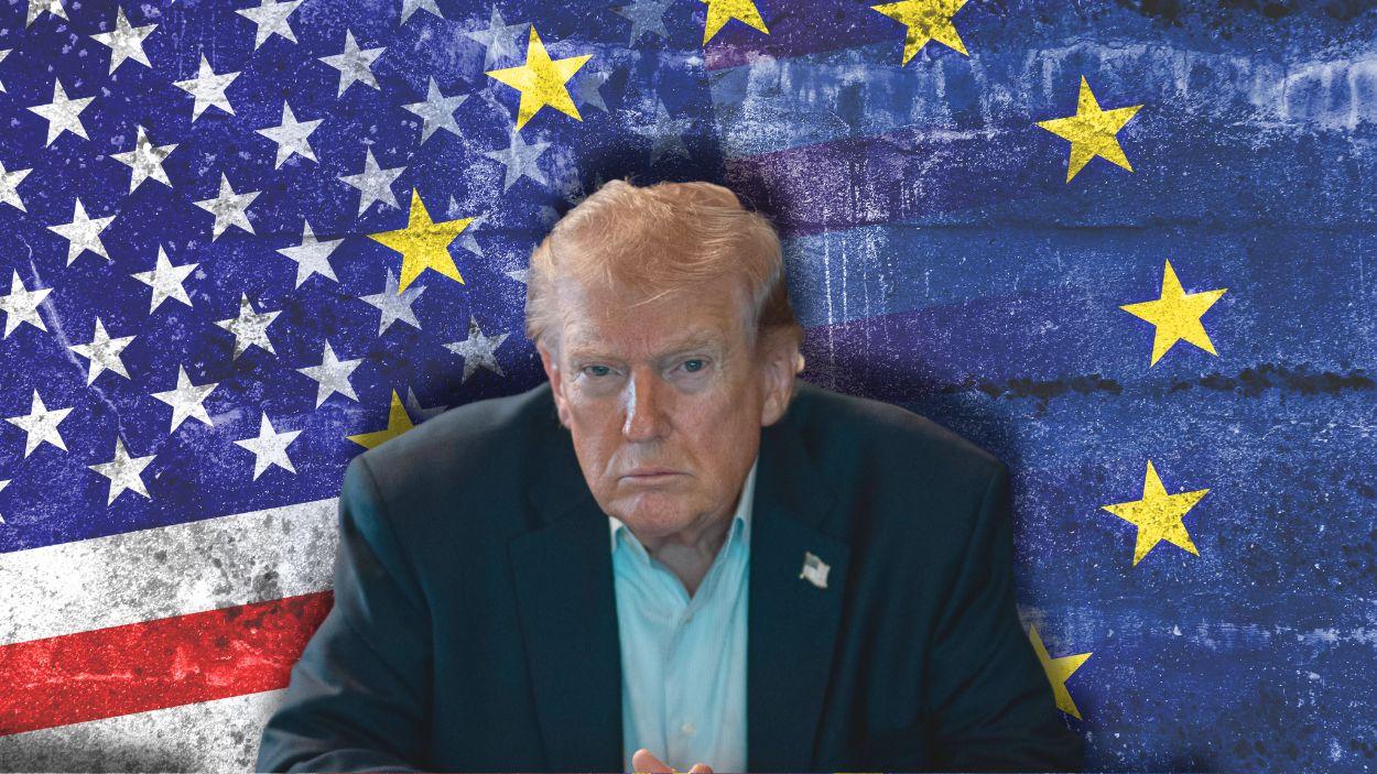 Fotomontaje de Donald Trump con fondo de la bandera de Estados Unidos y la Unión Europea. Elaboración propia M.A.