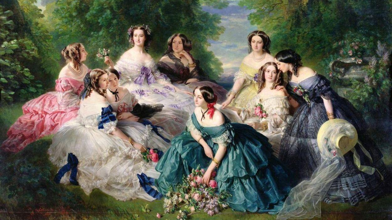 La emperatriz Eugenia de Montijo, rodeada de sus damas de compañía, obra del pintor Franz Xaver Winterhalter de 1855