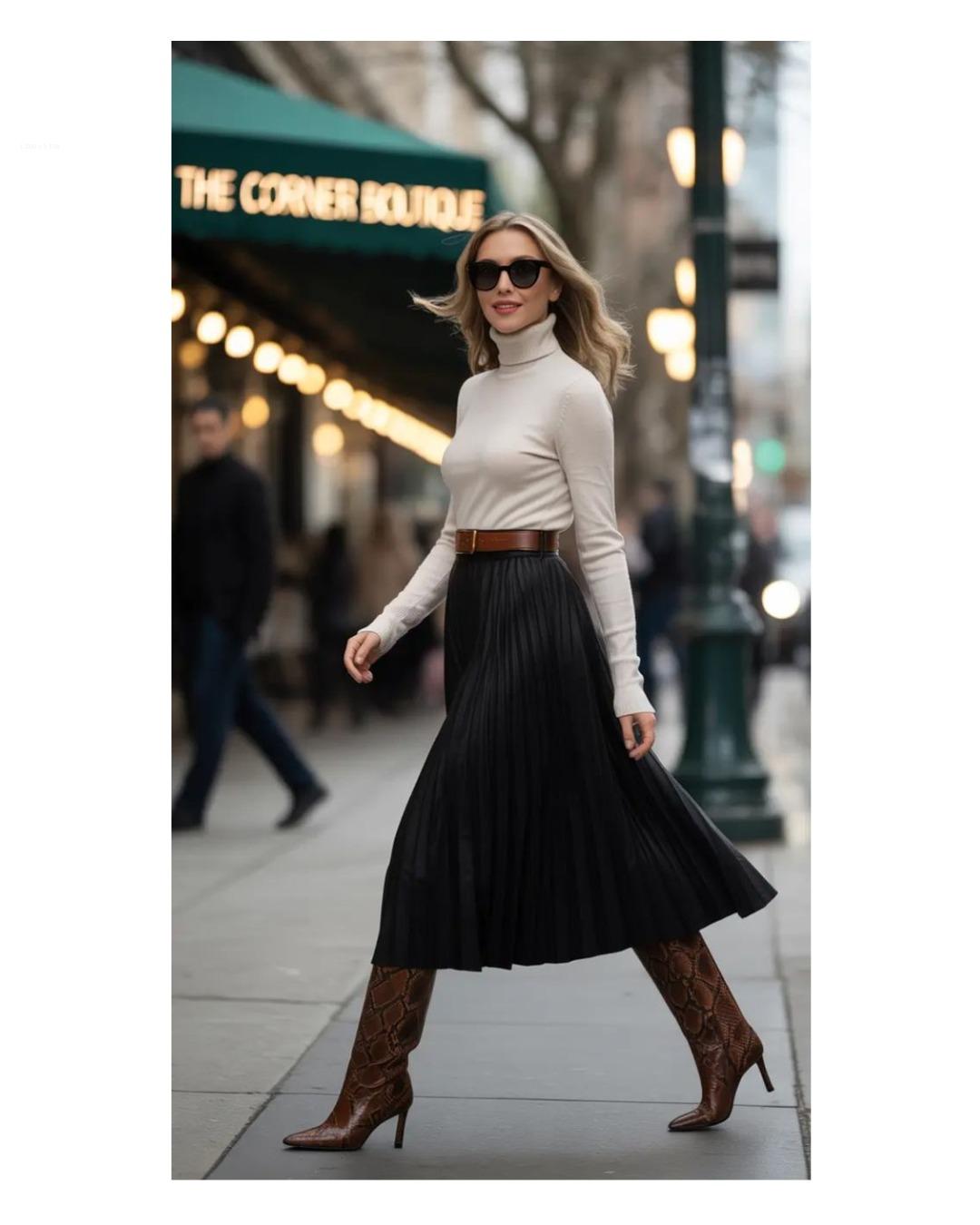 Falda plisada + botas ecuestres