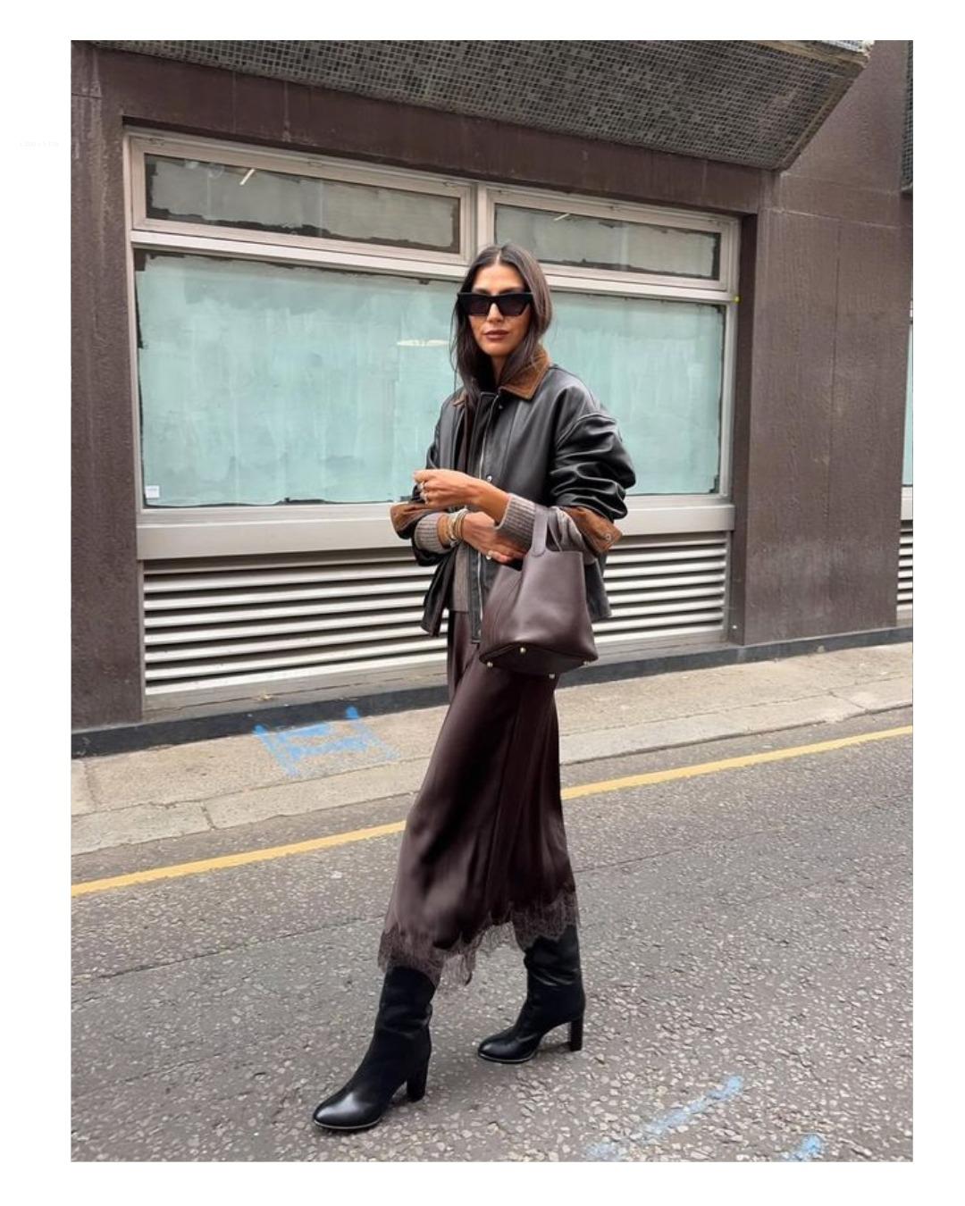 Falda lencera + botas de tacón