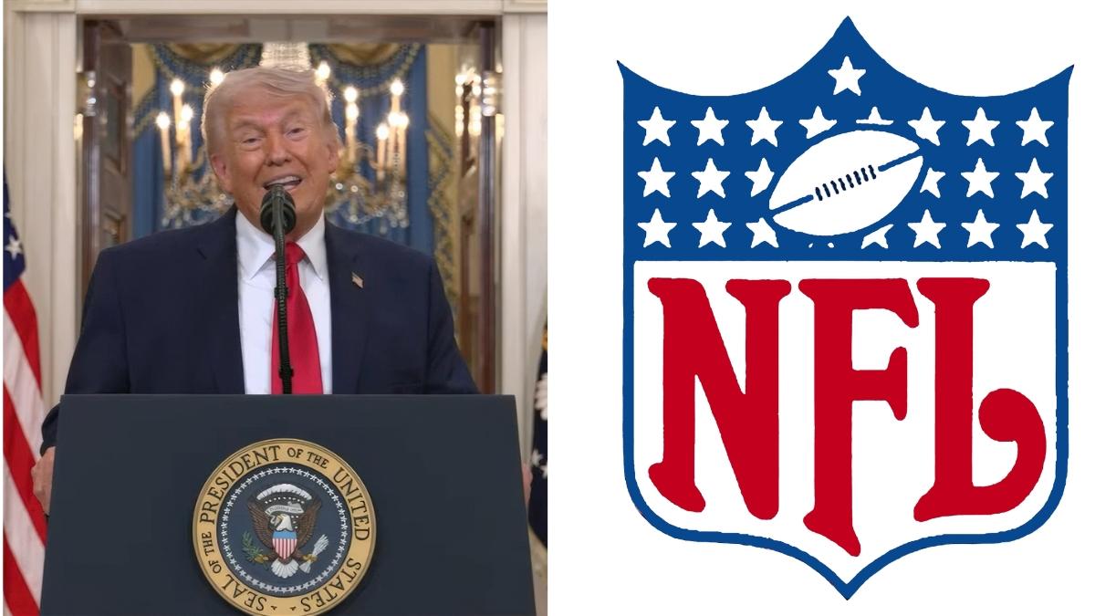 Trump durante una conferencia de prensa junto al logo de la NFL| EP